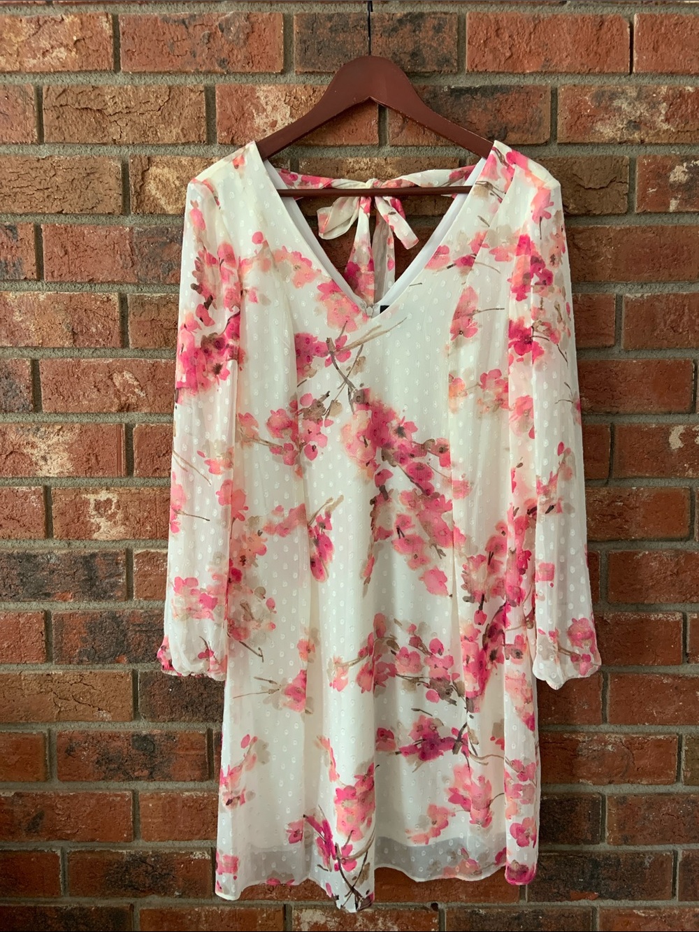 The Limited White Pink Floral Long Sleeve Tie Back Dress